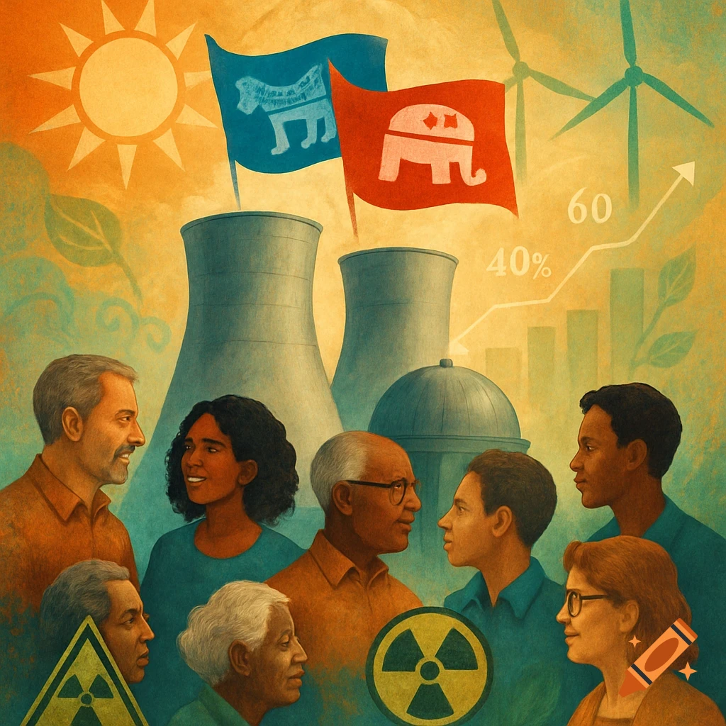 A diverse group of people discuss energy and politics, surrounded by nuclear cooling towers, wind turbines, a sun, and political party flags. Illustrative style.