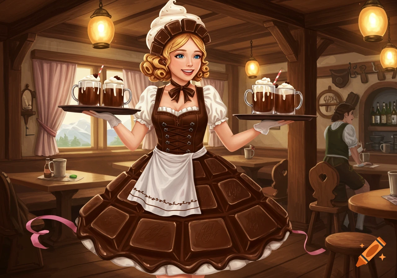 An illustration of a smiling Bavarian serving girl dressed as a chocolate bar, holding trays of drinks in a rustic tavern.