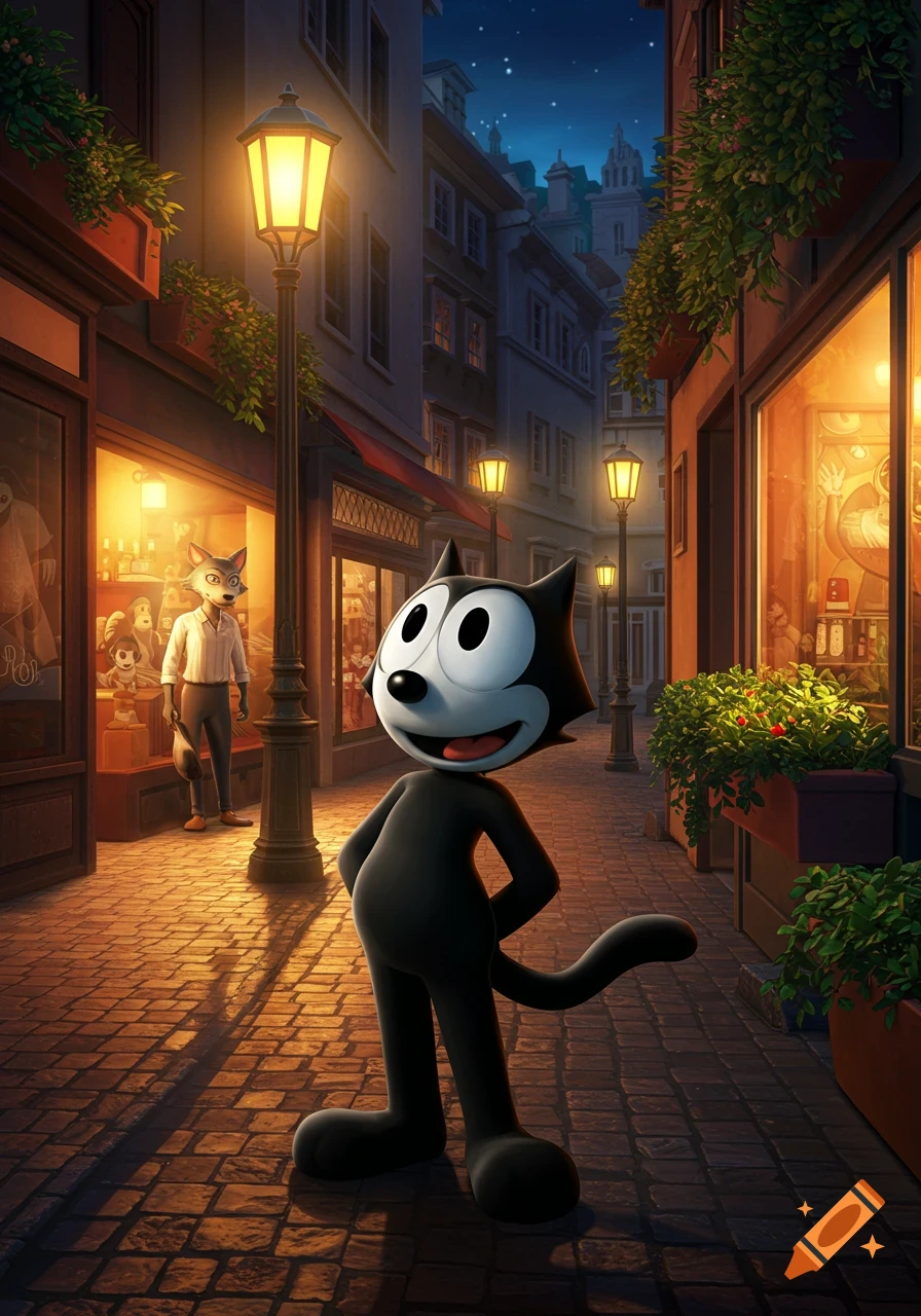 Felix the Cat stands on a cobblestone street at night, illuminated by glowing streetlights, with an anthropomorphic wolf in a shop window.