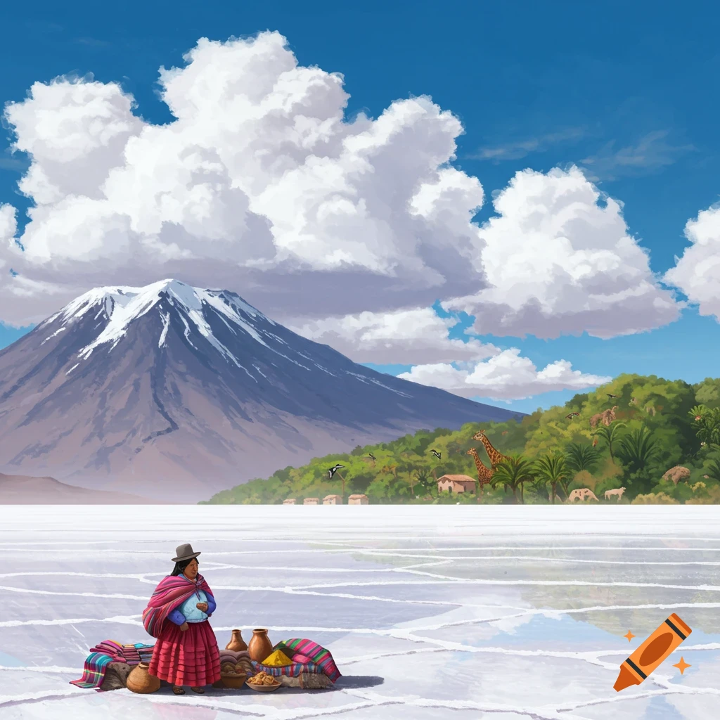 A woman in traditional attire stands on a reflective salt flat. A snow-capped mountain and a lush forest with animals are in the background. Illustration.