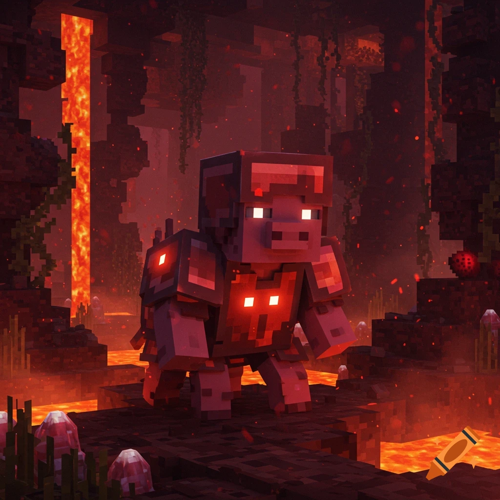 A Minecraft-style zombified piglin in glowing netherite armor stands amidst lava and glowing fungi in a dark, fiery Nether biome.