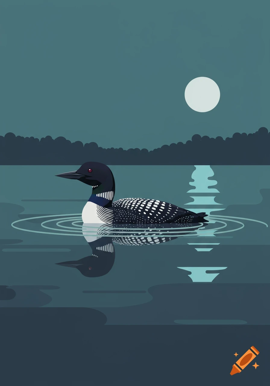A stylized illustration of a black loon swimming in dark water under a full moon.