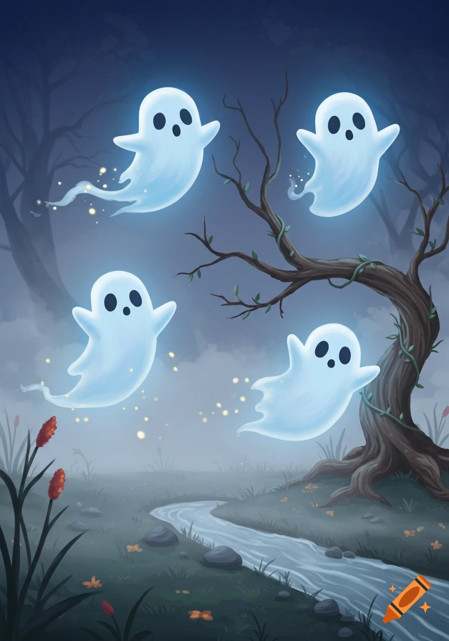 Four cute, glowing ghosts float through a dark, foggy forest with a winding stream and bare trees in a digital illustration style.