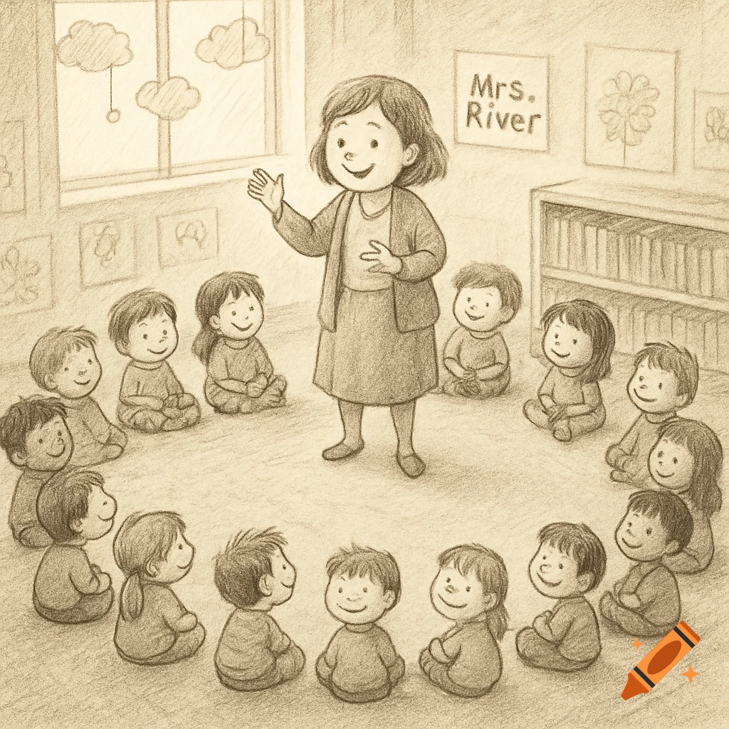 Sepia-toned sketch of a smiling teacher speaking to a circle of smiling children sitting on the floor in a classroom.