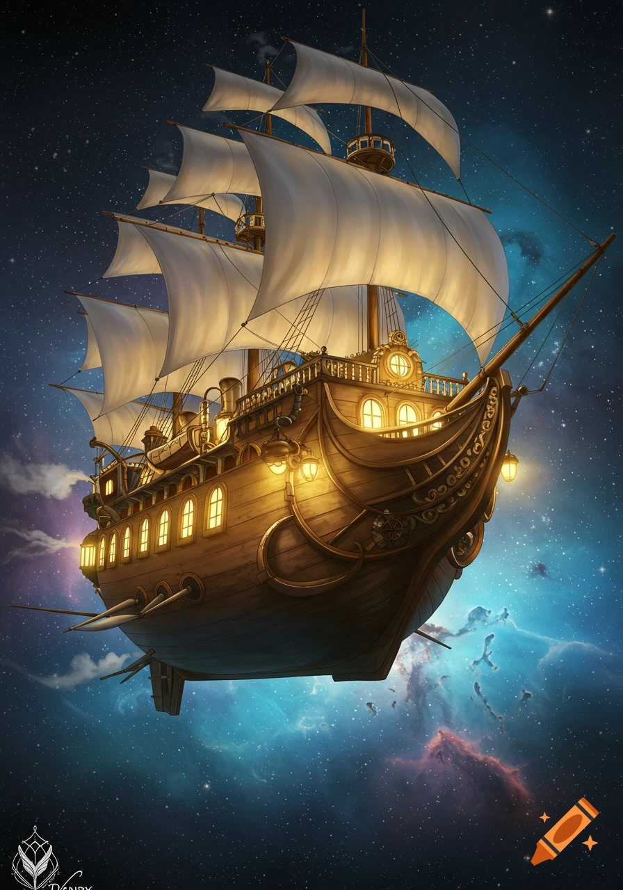 A detailed wooden sailing ship with white sails and glowing windows flies through a vibrant, star-filled nebula in a fantasy art style.