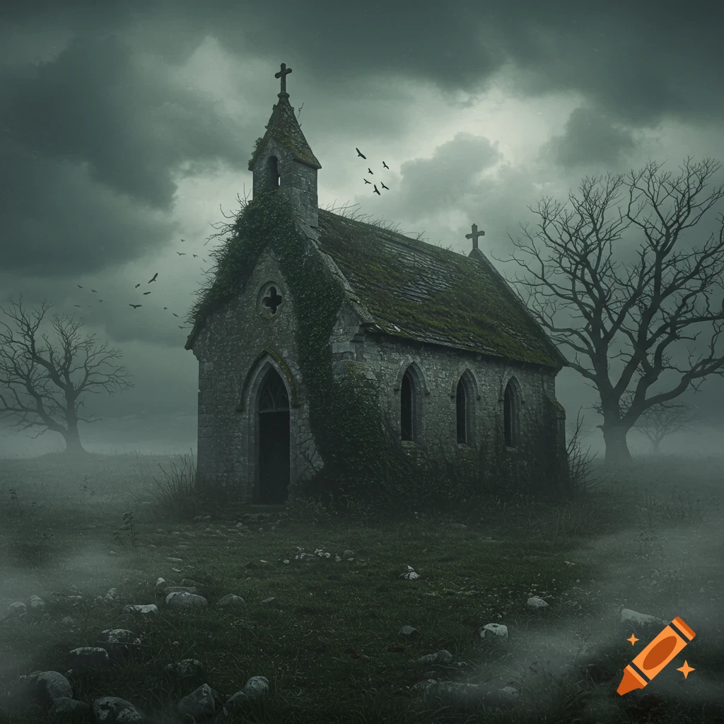 Dark, gothic stone church overgrown with moss and ivy under a stormy sky, surrounded by bare trees and fog.