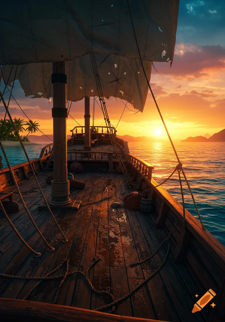 A pirate ship's wooden deck at a beautiful sunset in the Caribbean, with tattered sails and an island in the distance.