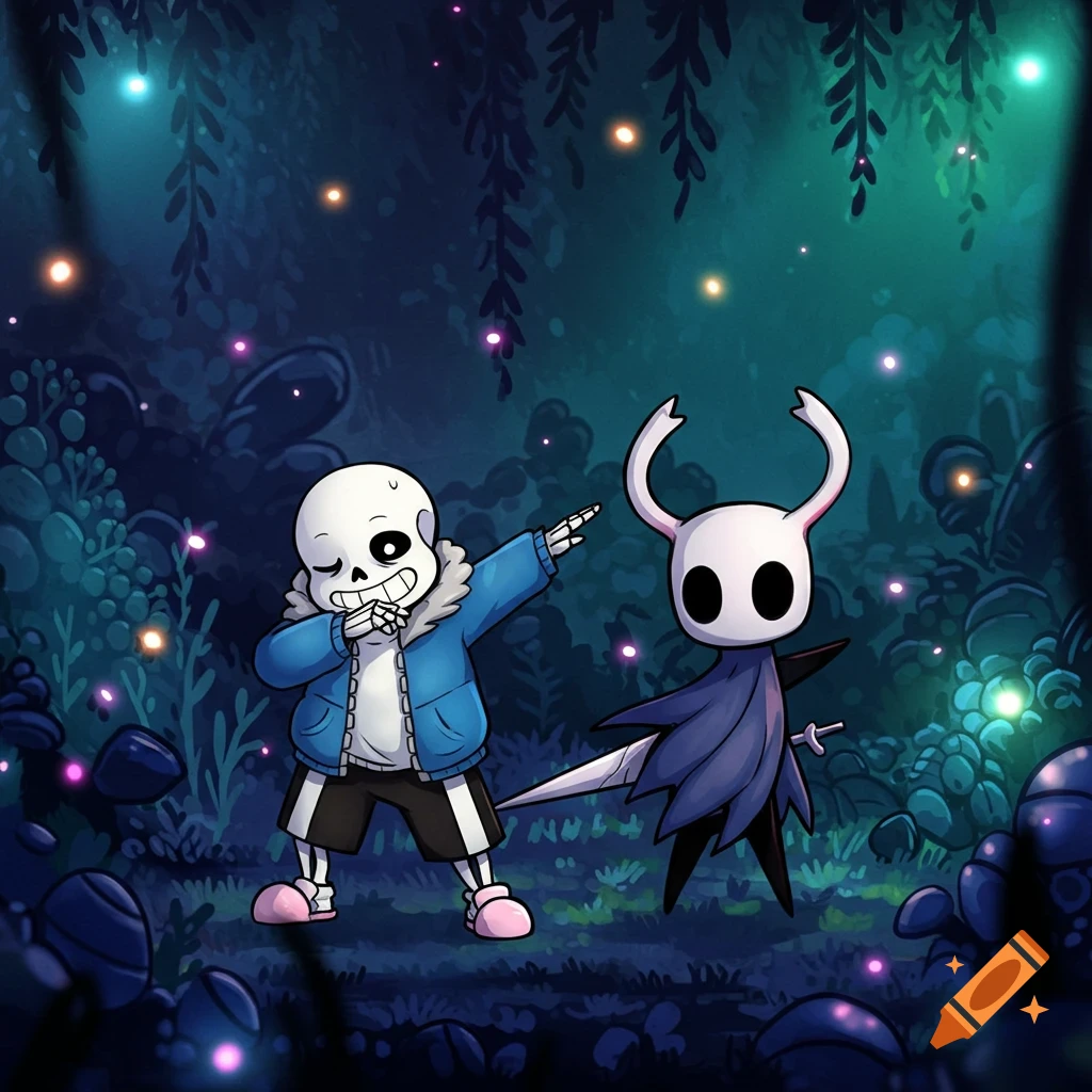 Sans from Undertale and the Knight from Hollow Knight characters dab in a dark, glowing forest.