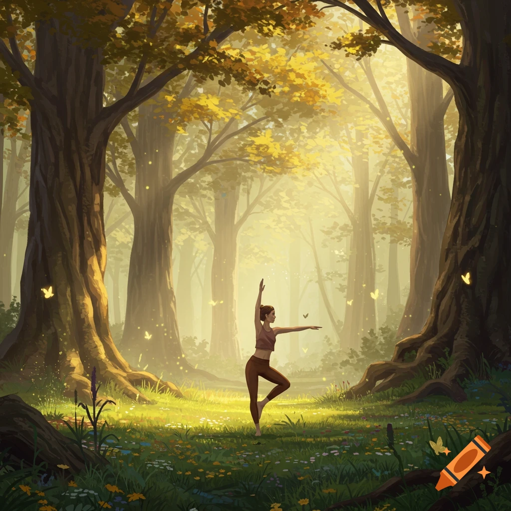 A woman in a yoga pose balances on one leg in a sun-drenched, enchanted forest with glowing butterflies, digital painting.