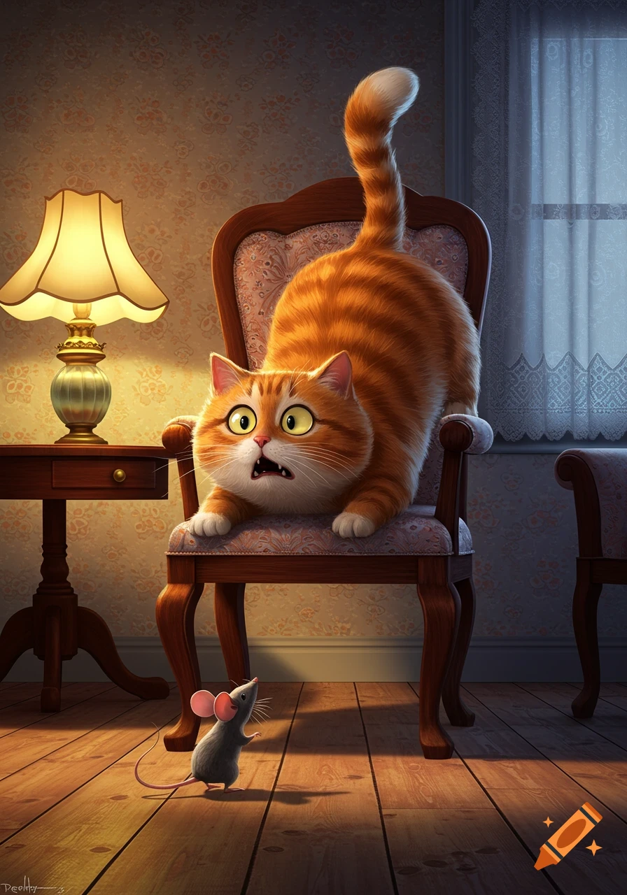 A cartoon orange cat with big eyes arches its back on a patterned chair, looking scared at a small gray mouse on the wooden floor.