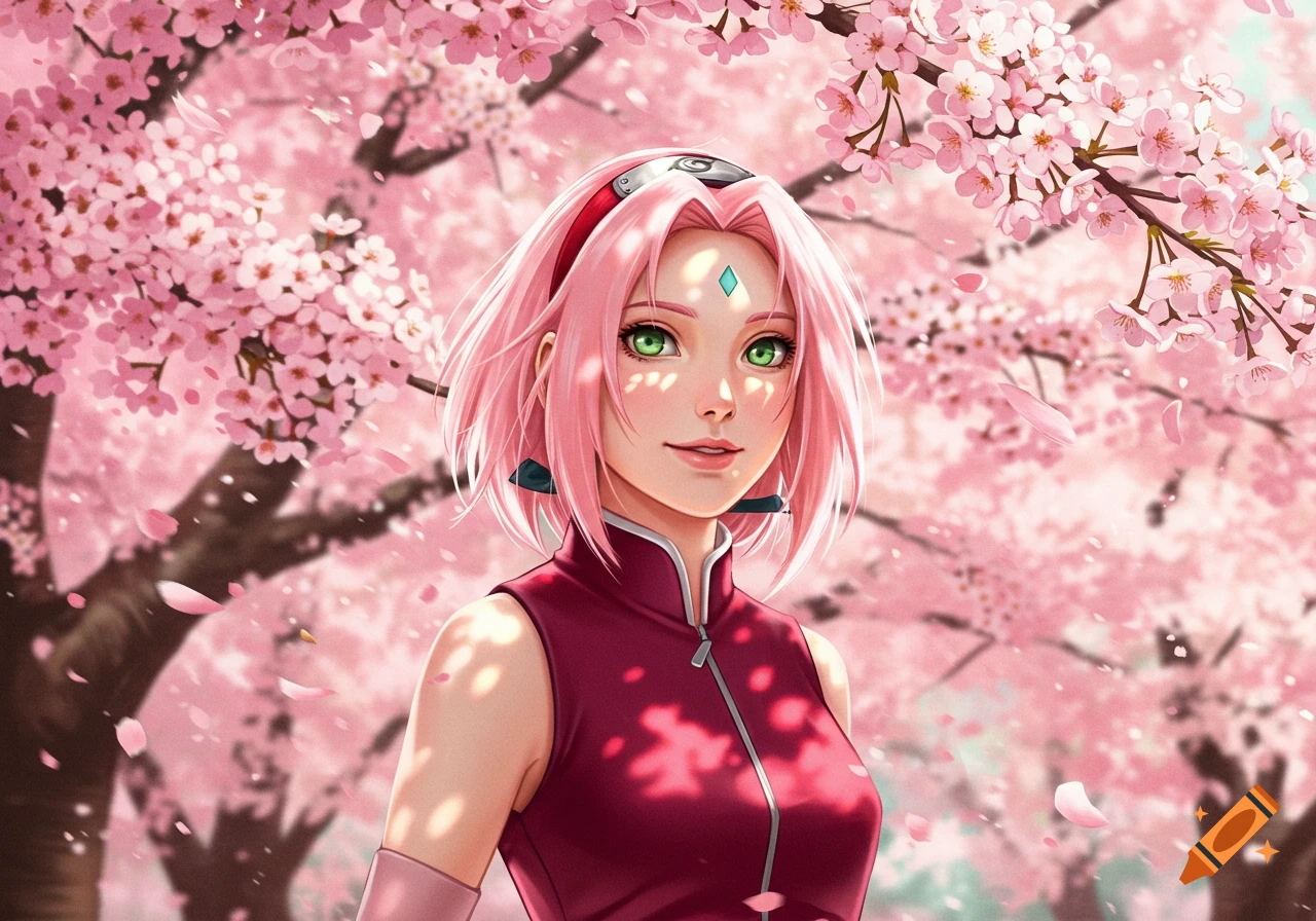 An anime girl with pink hair and green eyes, identified as Sakura, smiles in a vibrant cherry blossom forest.