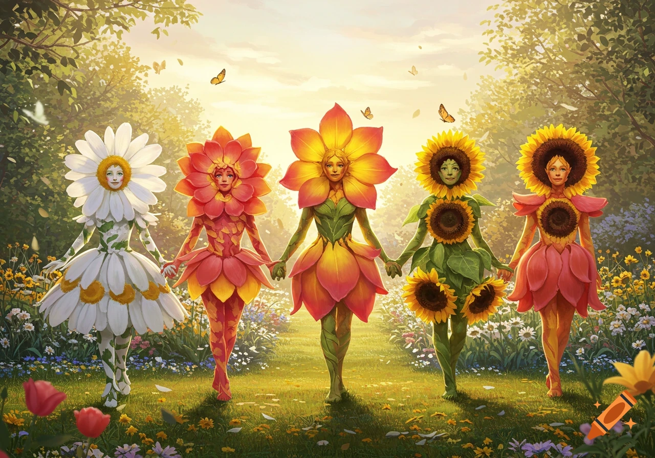 Five women in vibrant flower costumes, including daisy and sunflowers, hold hands in a sunlit meadow amidst wildflowers and trees.