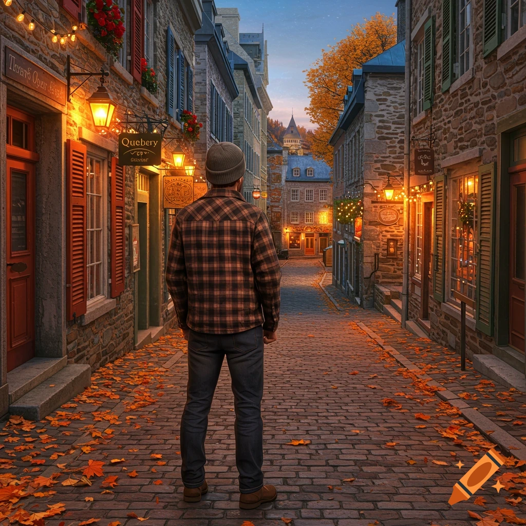 Man in a plaid shirt and beanie walks down a cobblestone street adorned with autumn leaves and glowing lanterns at dusk.