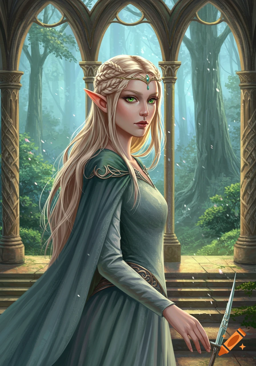Digital painting of an elven princess with blonde braided hair, emerald eyes, and a green gown, in an archway overlooking a magical forest.