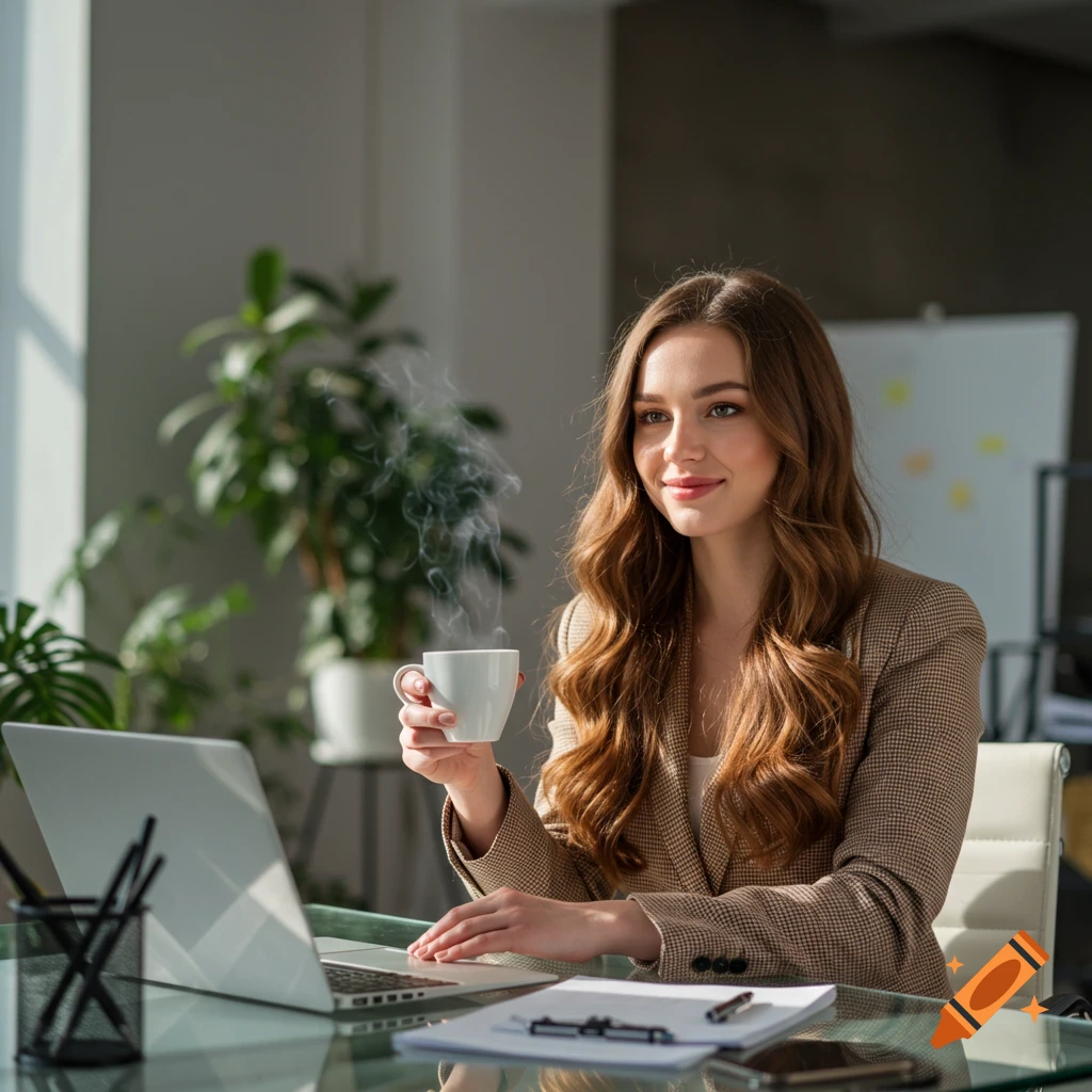 A smiling woman with long brown hair sips steaming coffee while working on a laptop at a glass desk in a modern office.