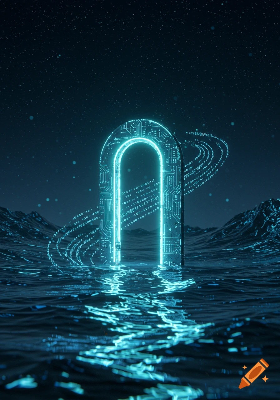 A glowing, circuit-board-like arch stands in turbulent water under a starry sky, with streams of binary code flowing around it in a digital art style.