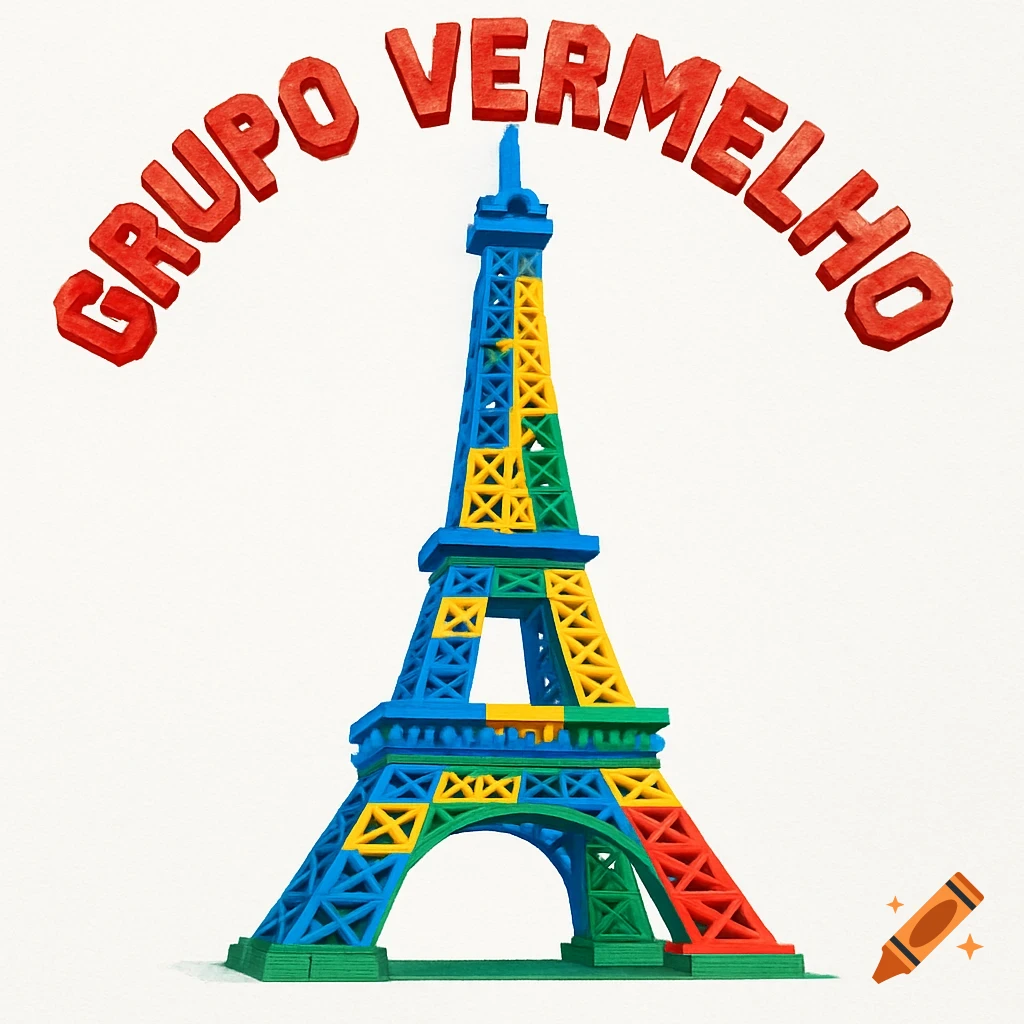 A colorful Eiffel Tower in a playful LEGO style with red text 'GRUPO VERMELHO' arching above it on a white background.