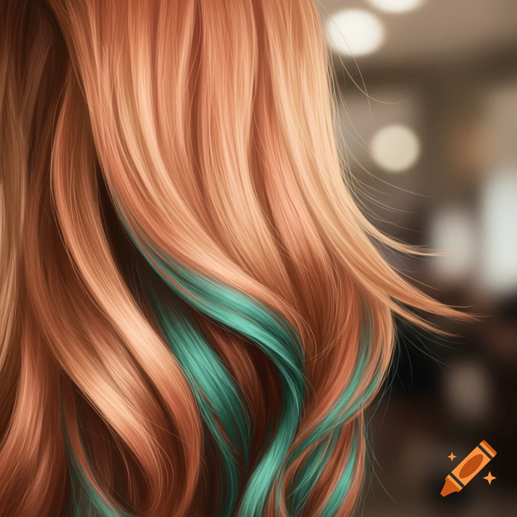 Wavy reddish-blonde hair with vibrant teal streaks against a blurred background.