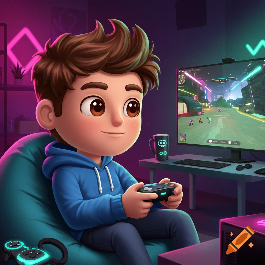 Cartoon boy with brown hair in a blue hoodie, sitting in a beanbag chair, playing video games with a controller in a neon-lit room.