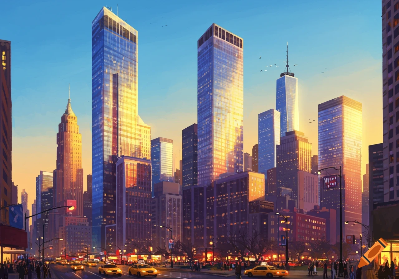 A stylized painting of New York City's skyscrapers and a busy street scene during sunset, with yellow cabs and pedestrians.