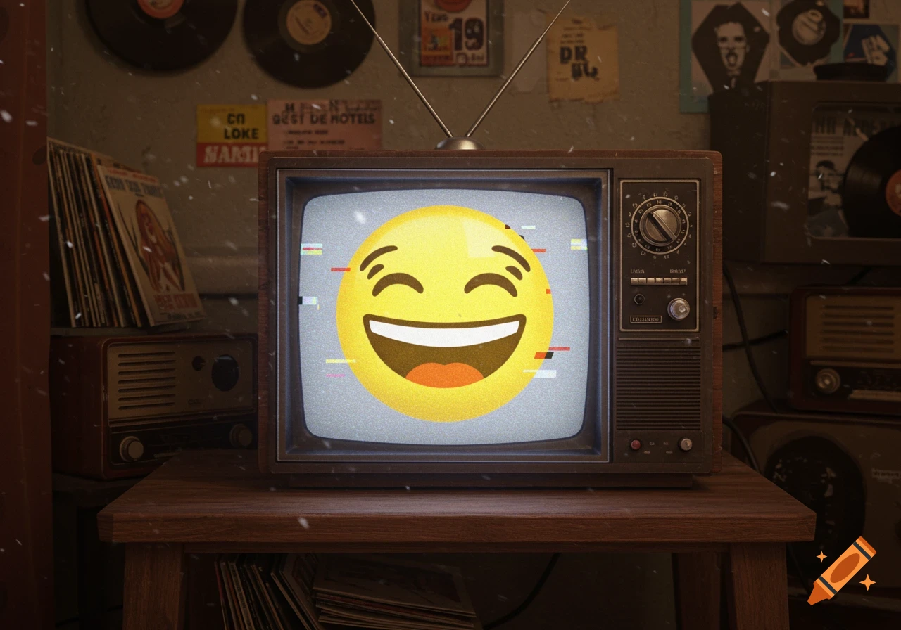 A laughing emoji with glitch effects displayed on an old retro television with rabbit ear antennas, surrounded by vintage records and decor.
