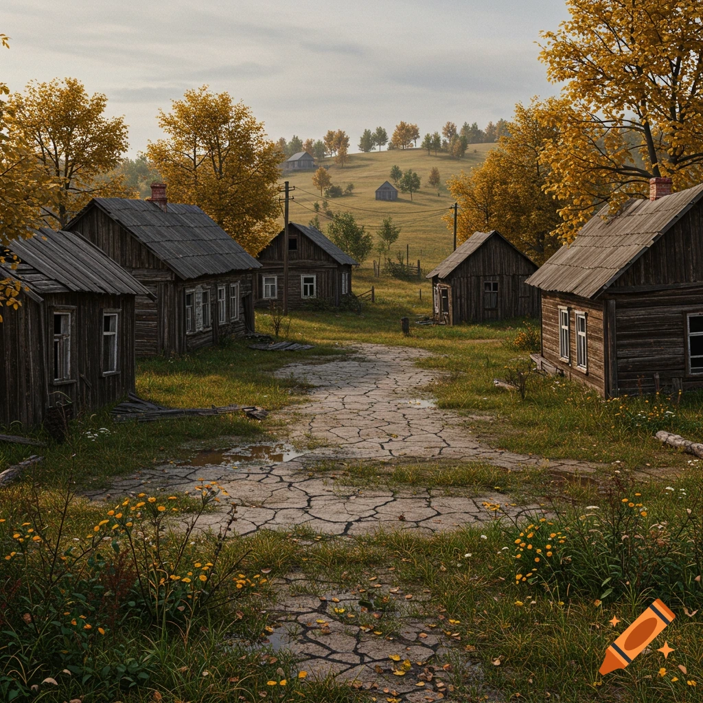 A photorealistic image of an abandoned village with weathered wooden houses, a cracked path, and golden autumn trees.