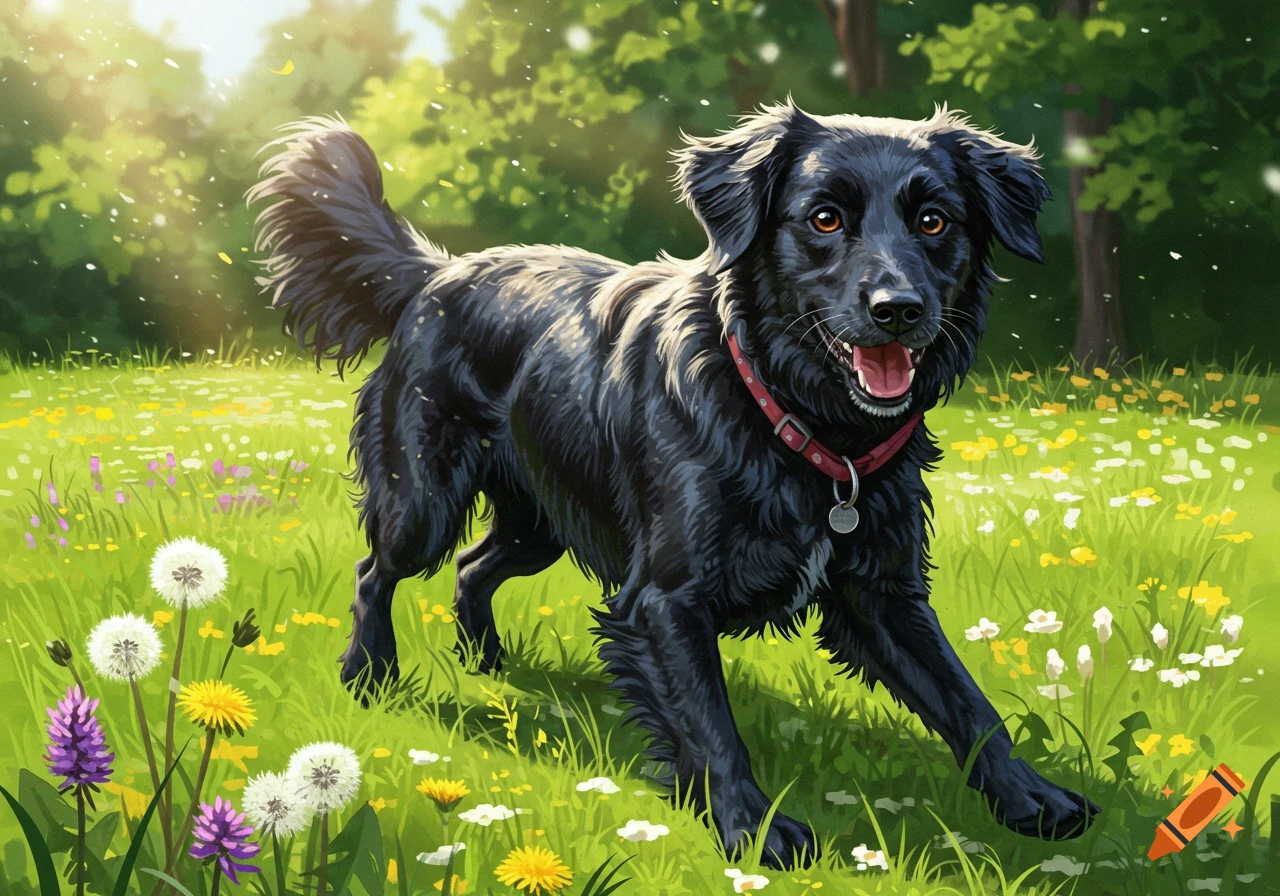 A happy black dog with a red collar runs through a vibrant, sunlit field of wildflowers and dandelions.
