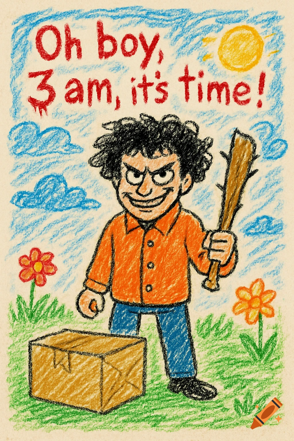 A sinister-looking boy in an orange shirt holds a bat over a box under text reading 'Oh boy, 3 am, it's time!', in a crayon art style.