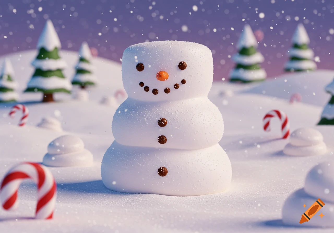 A marshmallow snowman with an orange nose and chocolate chip features stands in a snowy, festive landscape with trees and candy canes under falling snow.