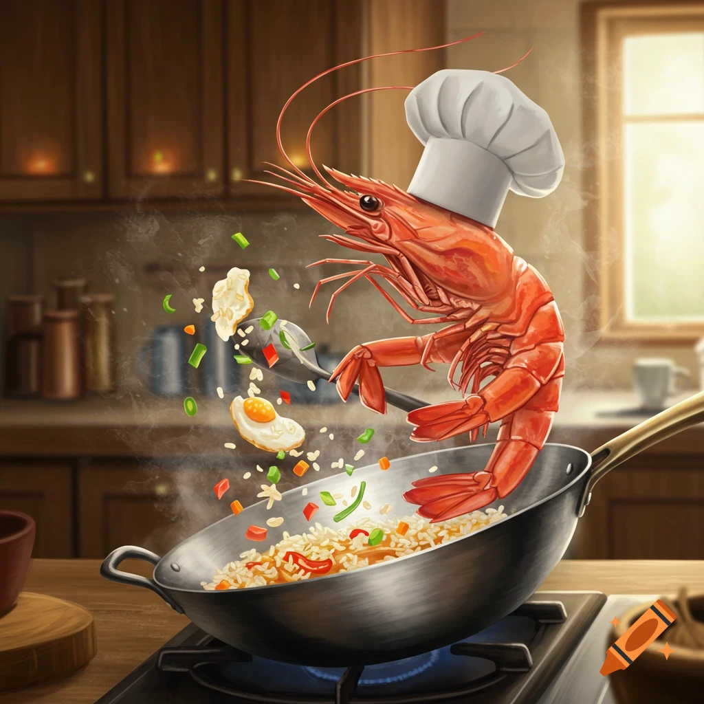 A cartoonish shrimp chef in a chef's hat stir-frying rice and vegetables in a wok on a stovetop in a kitchen.