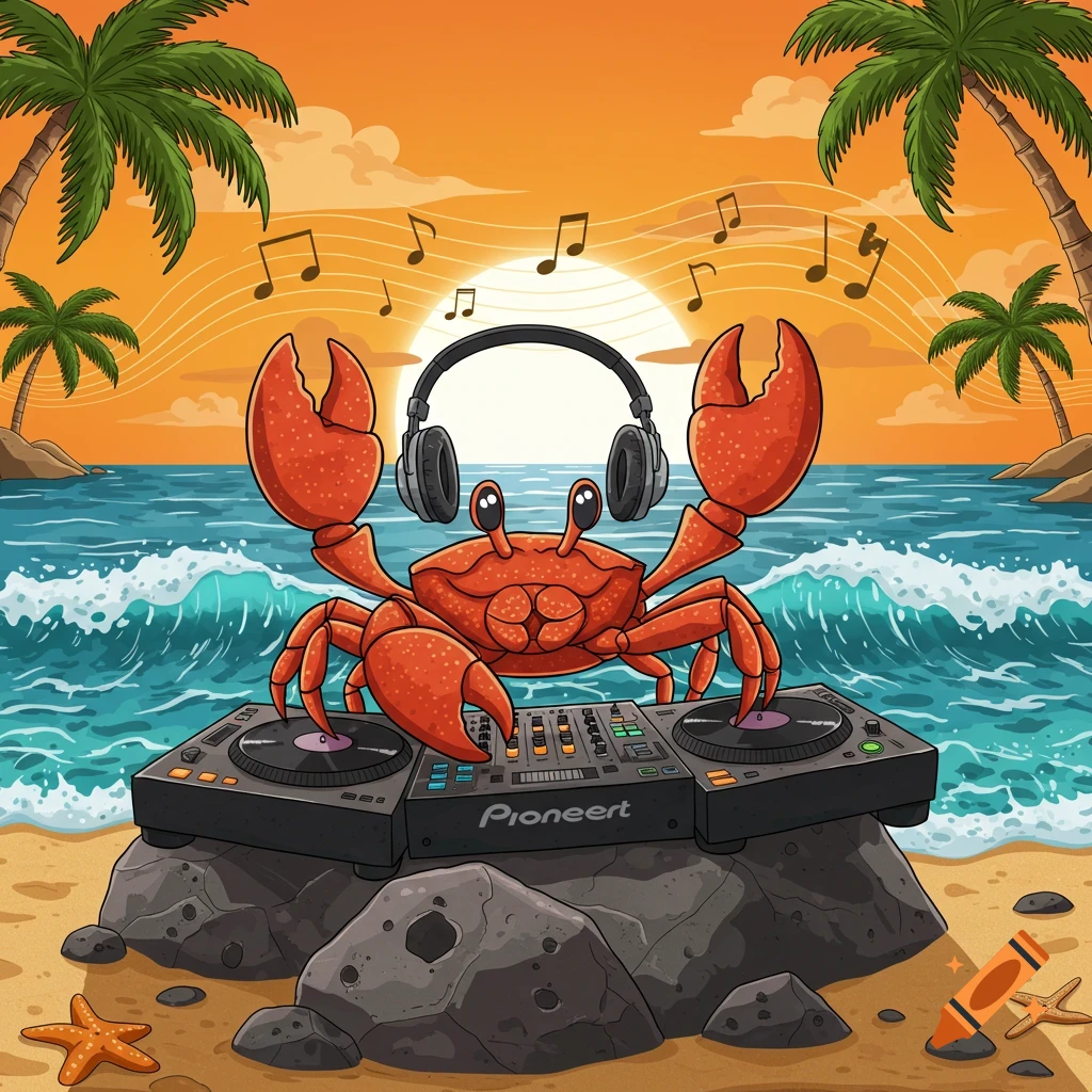 A cartoon red crab with headphones DJs on a beach at sunset, surrounded by palm trees and ocean waves.