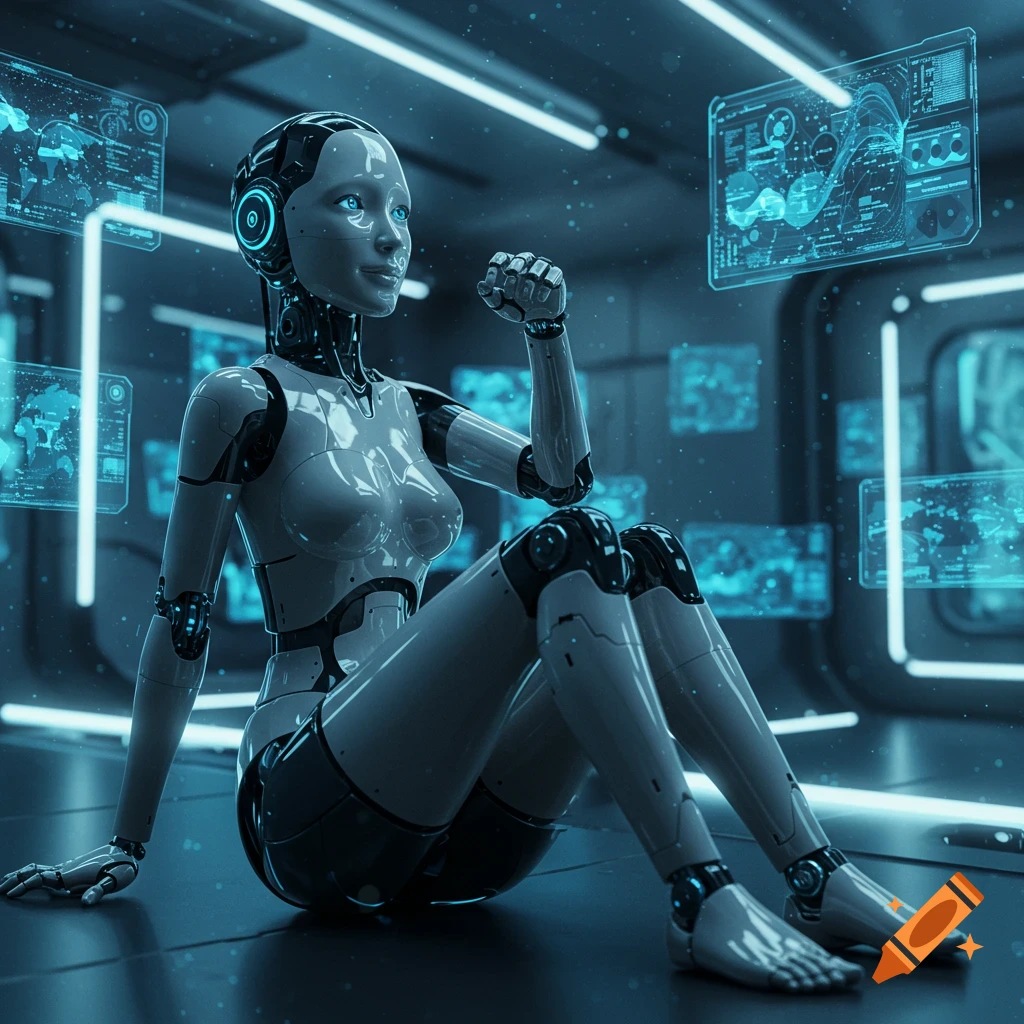 A futuristic white and black robot with blue accents sits on the floor in a blue-lit room, surrounded by holographic data screens.