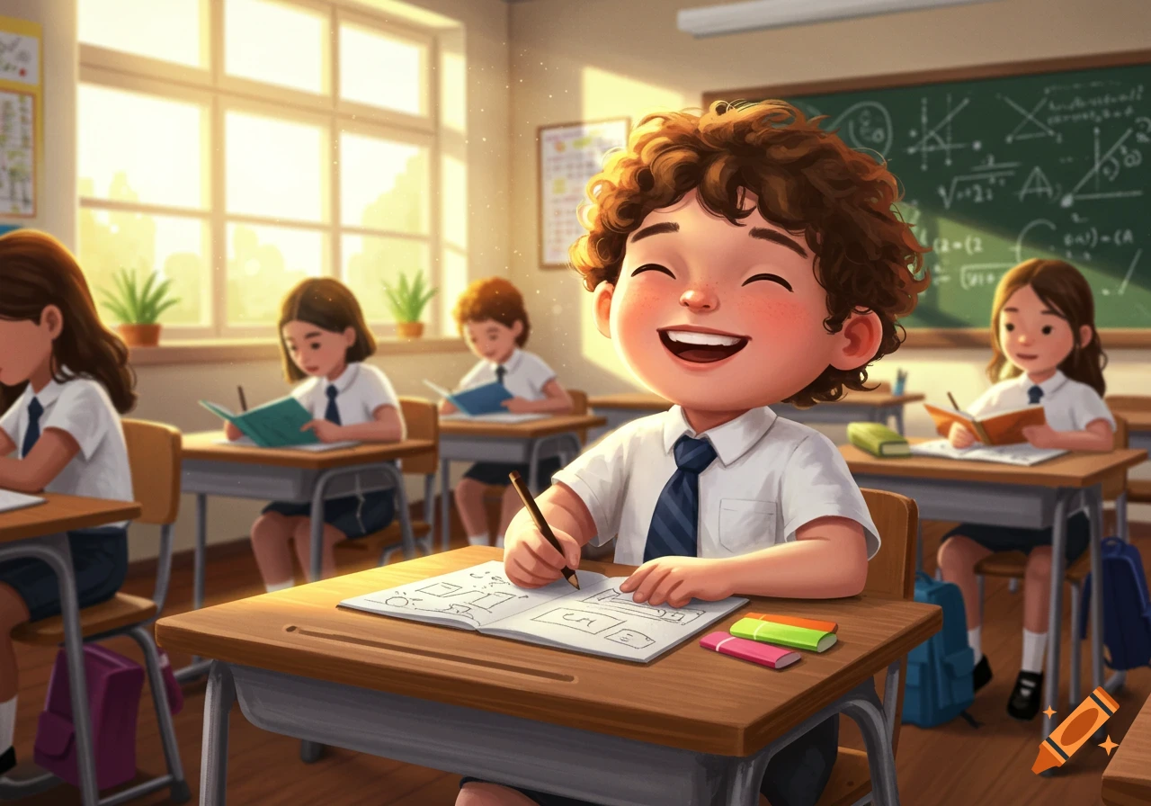 A happy schoolboy with curly hair sits at a desk, drawing in a notebook with classmates in a bright classroom.