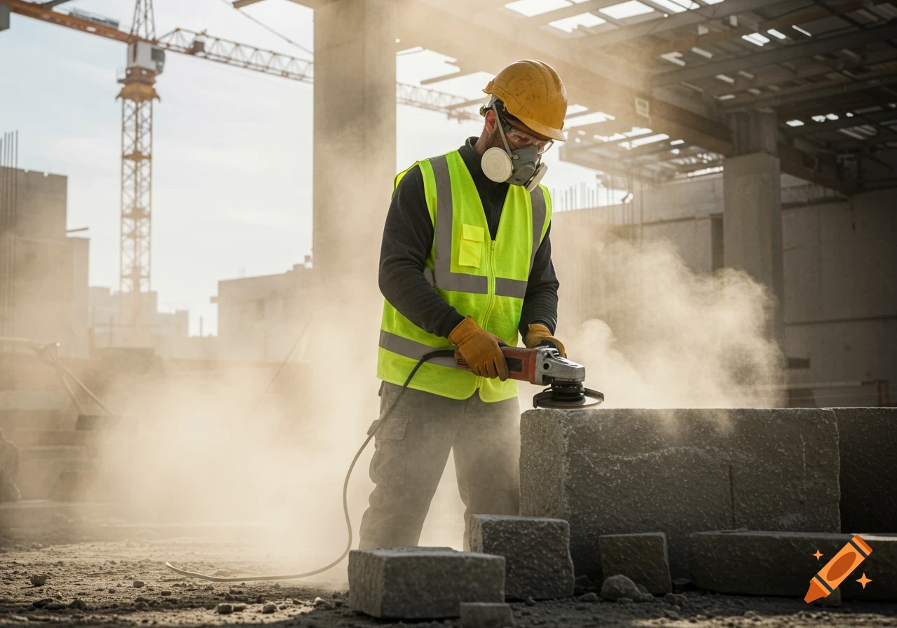 Photorealistic image of a construction worker in PPE grinding a stone block on a dusty building site, creating a large dust cloud.