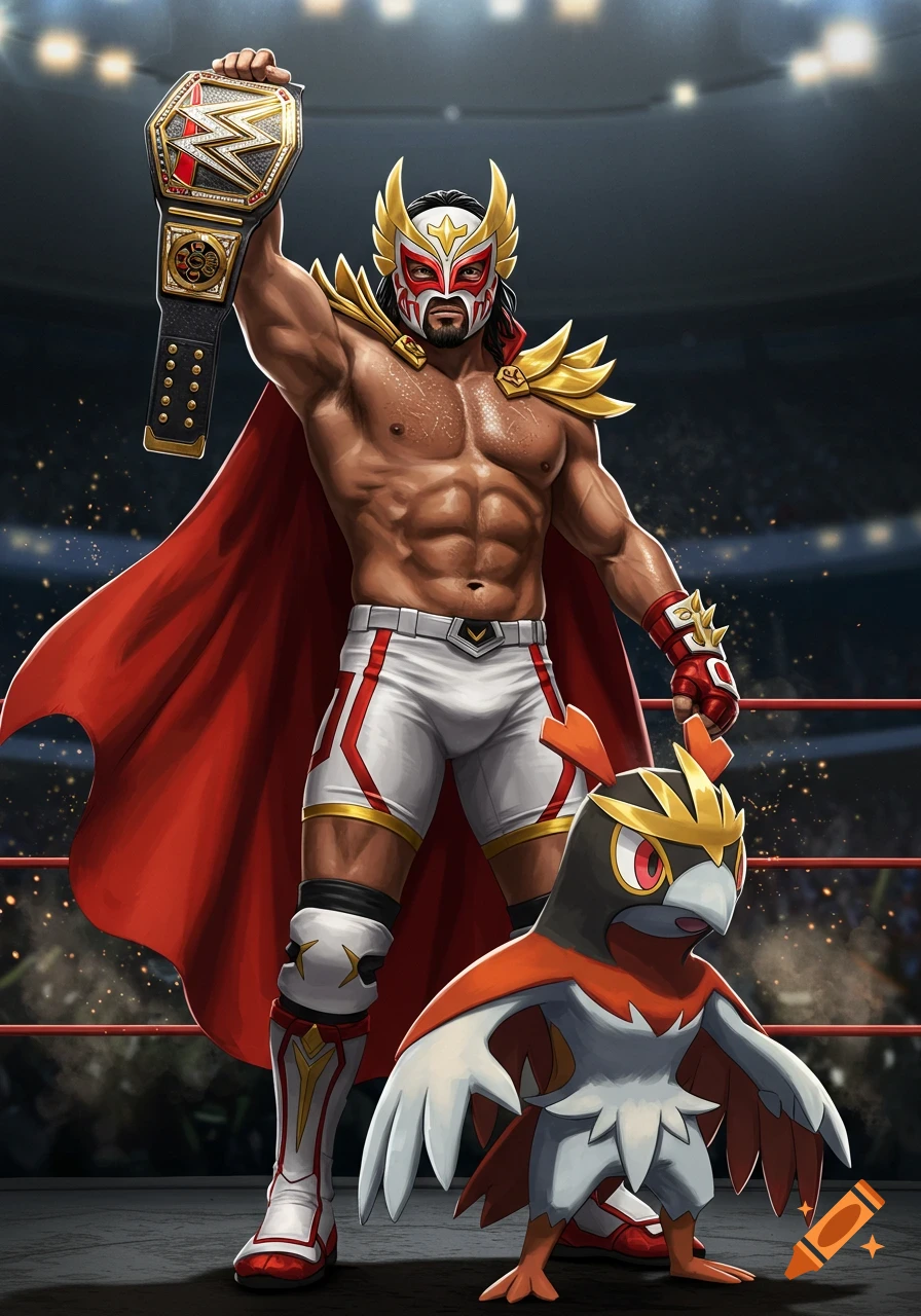A muscular wrestler in a mask and cape holds a WWE championship belt aloft, standing next to a Hawlucha Pokemon in a wrestling ring.