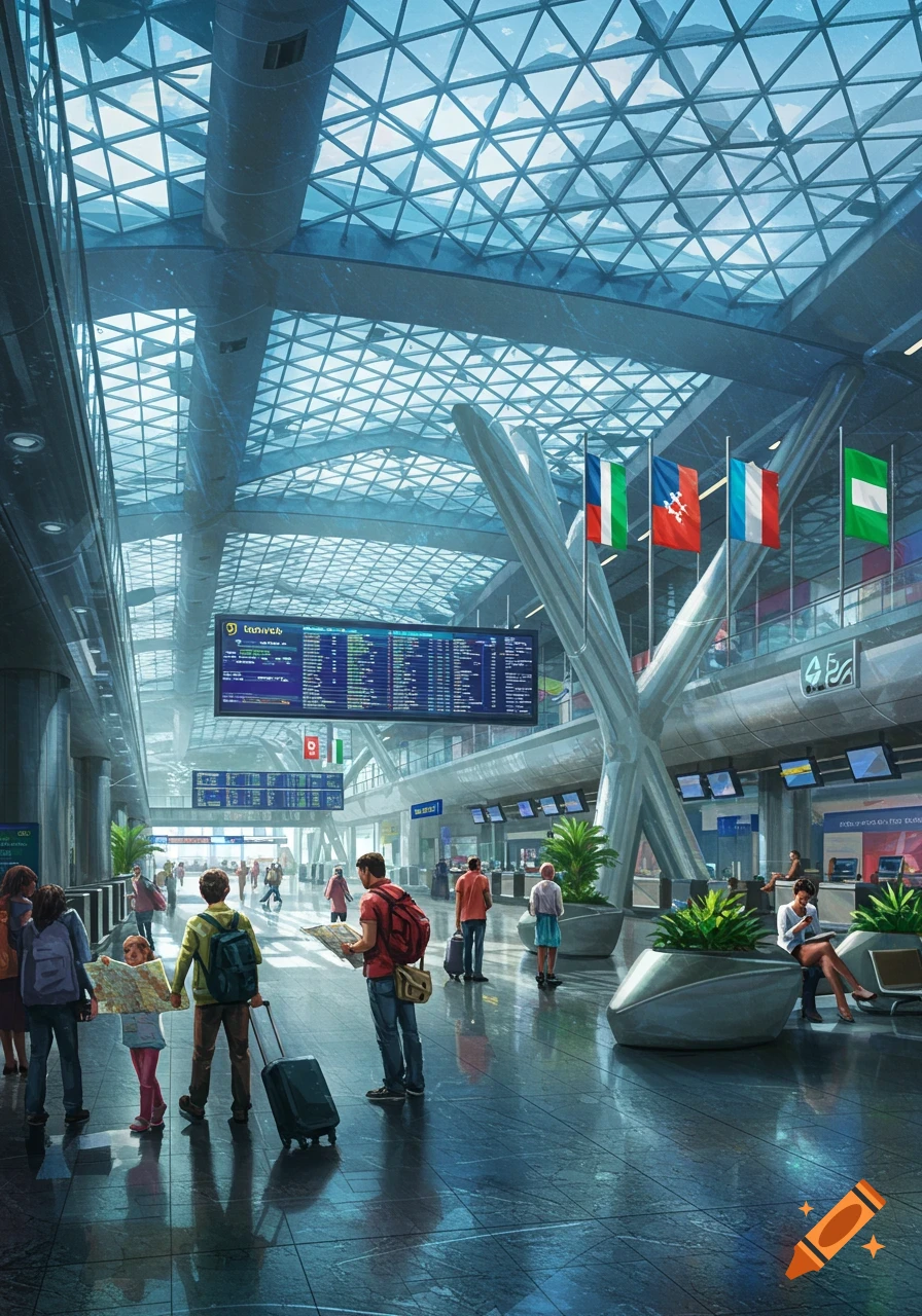 A modern airport terminal with a glass-paneled ceiling, showing various travelers and large departure boards.