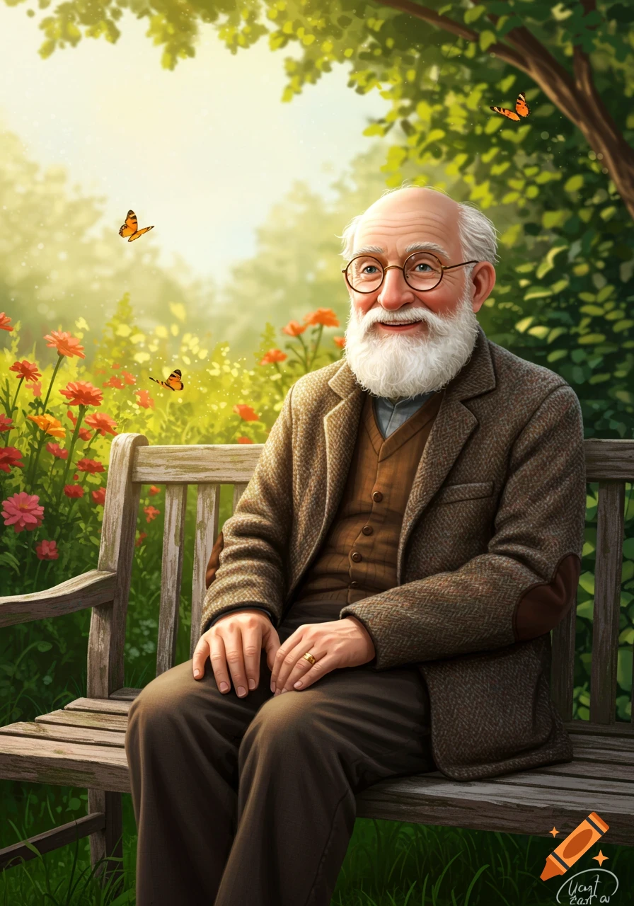 A smiling elderly man with a white beard and glasses sits on a wooden bench in a sunny, vibrant garden with flowers and butterflies.