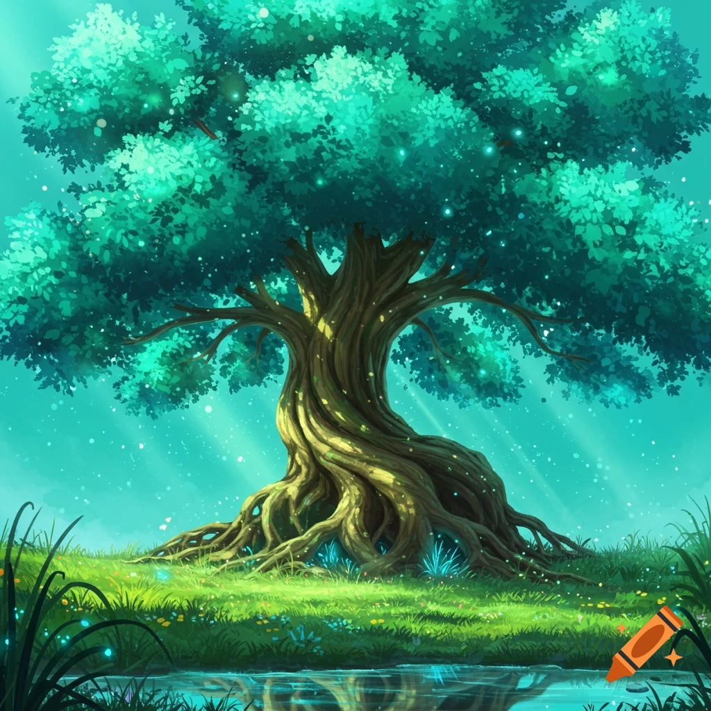 Vibrant, mystical tree with glowing teal-green leaves and exposed roots beside a reflective pond in a lush, stylized forest.