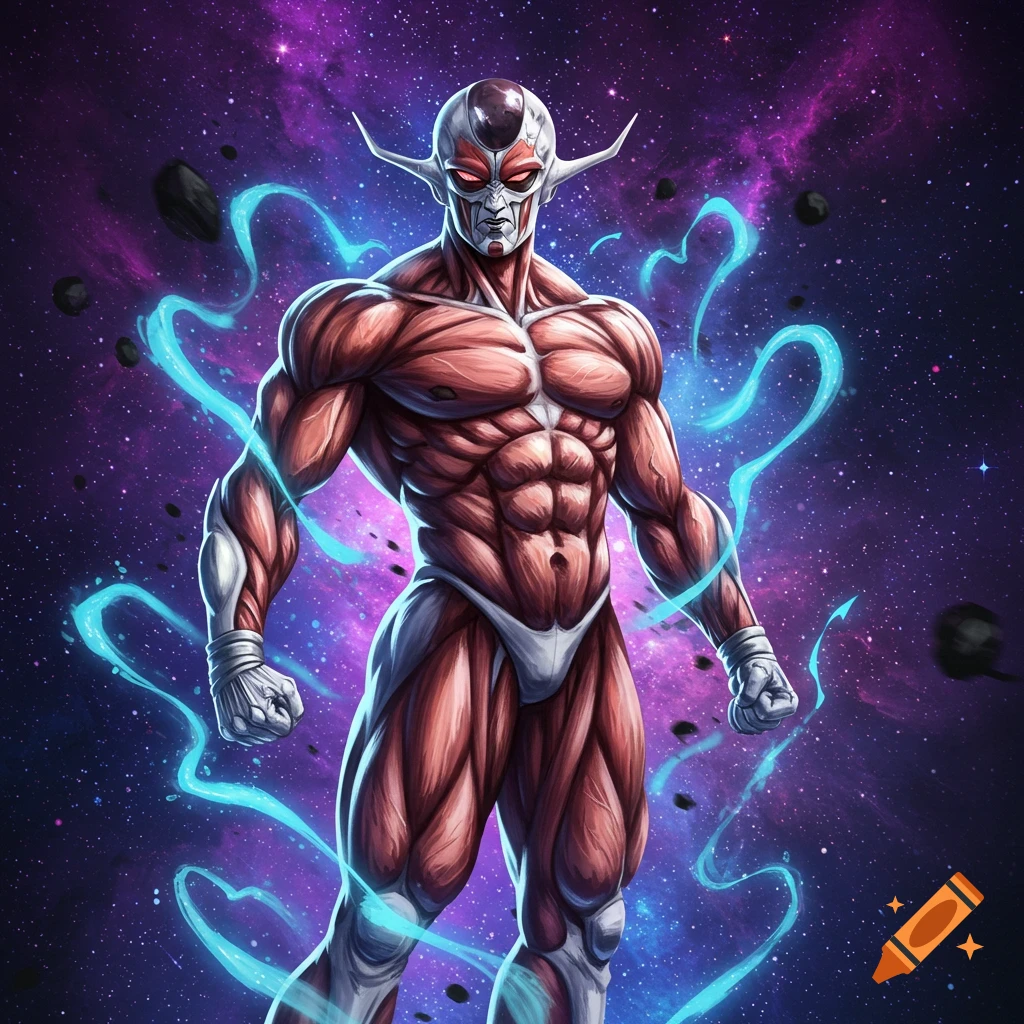 A powerful anime-style alien with exposed muscles and a white head stands in a vibrant purple galaxy, surrounded by blue energy.