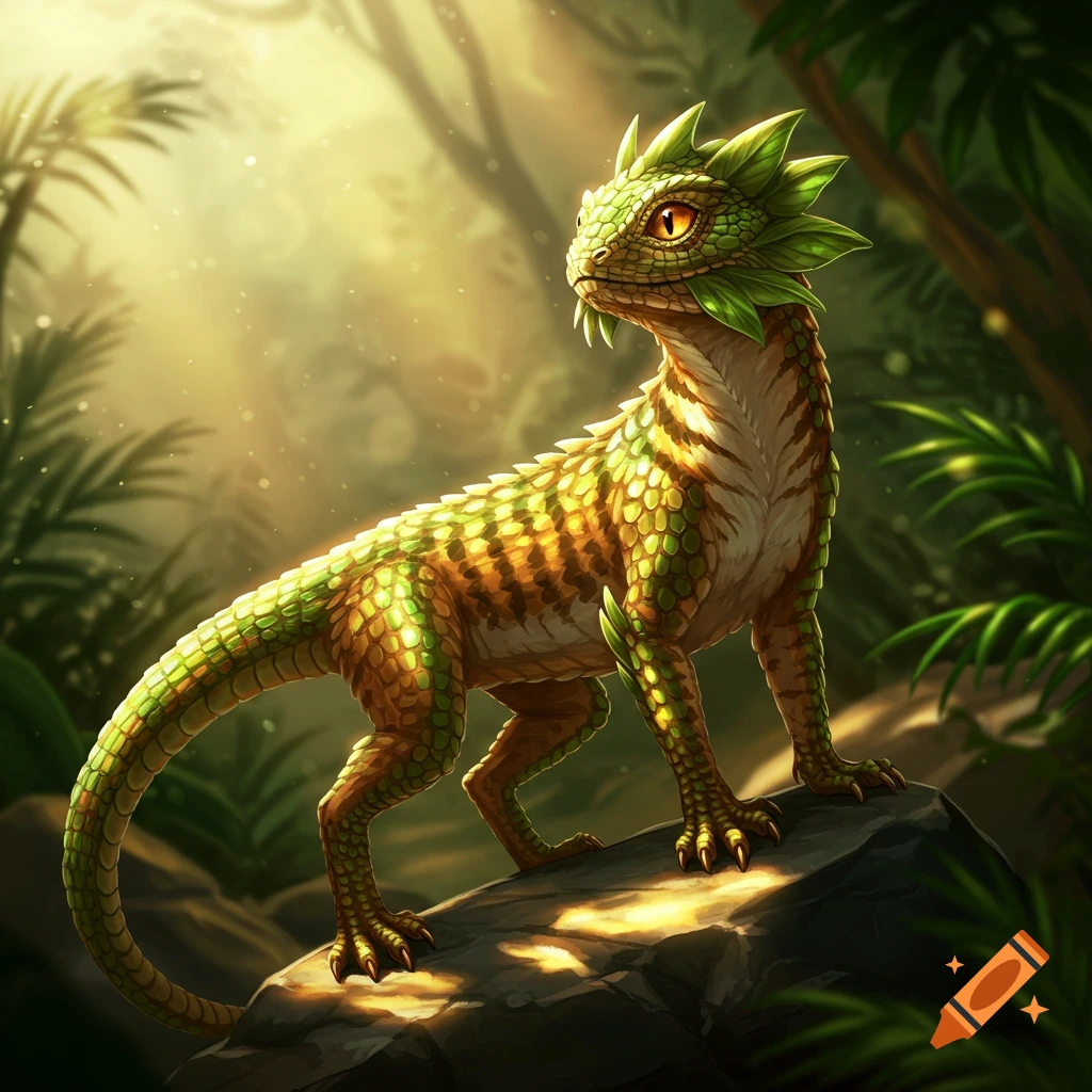 A vibrant green and brown scaled lizard-cat creature with large yellow eyes stands on a rock in a sun-dappled jungle.