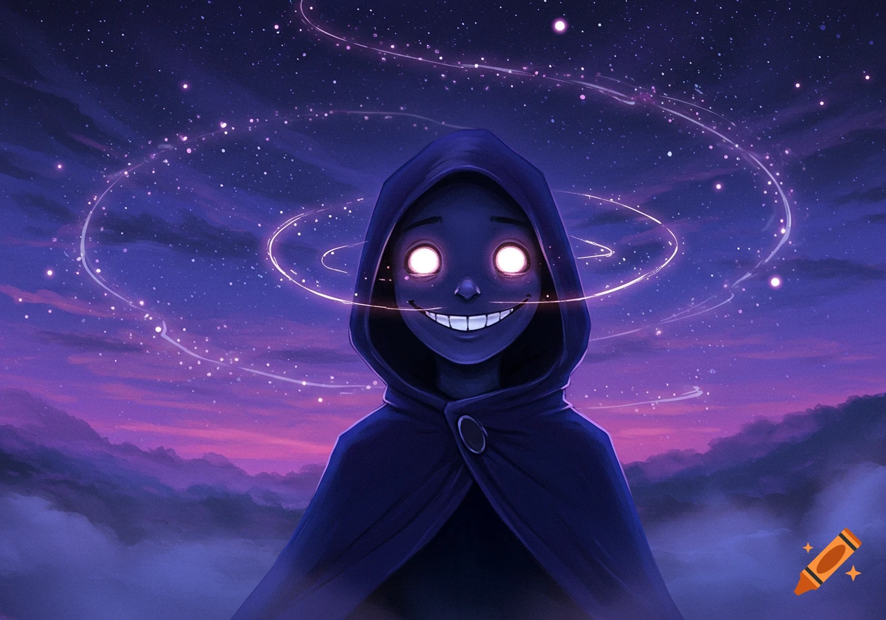 A dark hooded figure with glowing eyes and a wide grin against a purple-pink starry sky with swirling light trails, in a digital art style.