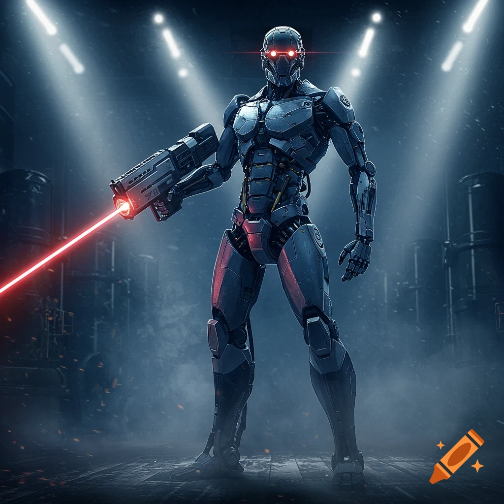 A powerful futuristic robot with glowing red eyes and a laser gun stands in a dark, atmospheric industrial setting.