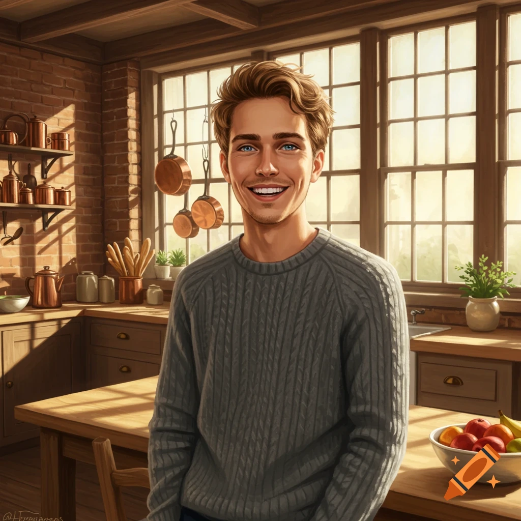 A smiling young man with light brown hair and blue eyes wears a grey sweater in a rustic kitchen.