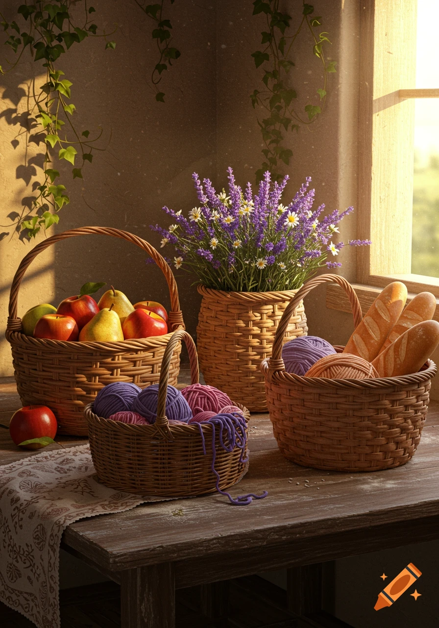 A rustic still life featuring four wicker baskets on a wooden table. One holds apples and pears, another lavender and daisies, a third yarn, and the last baguettes. Sunlight streams in from a window.