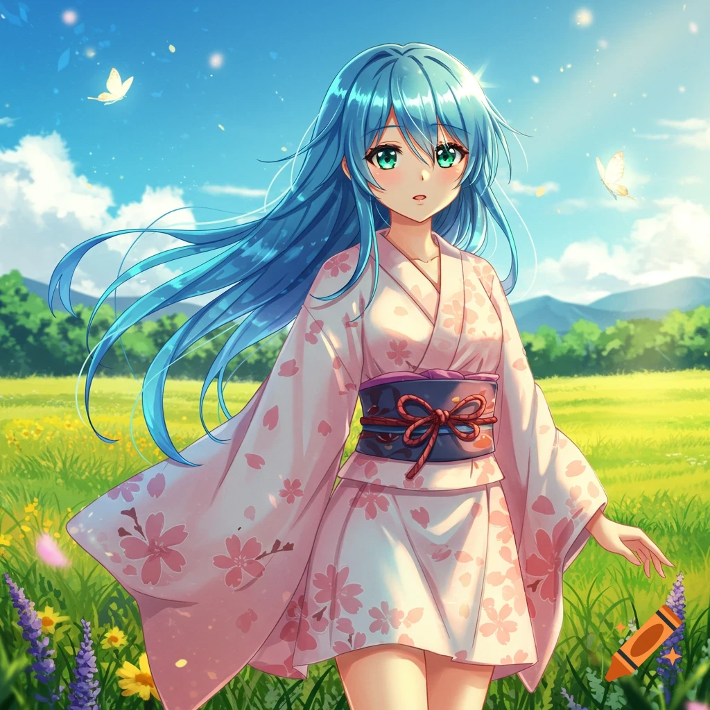 An anime girl with long blue hair and green eyes, wearing a pink cherry blossom kimono, standing in a sunny green field with flowers and butterflies.