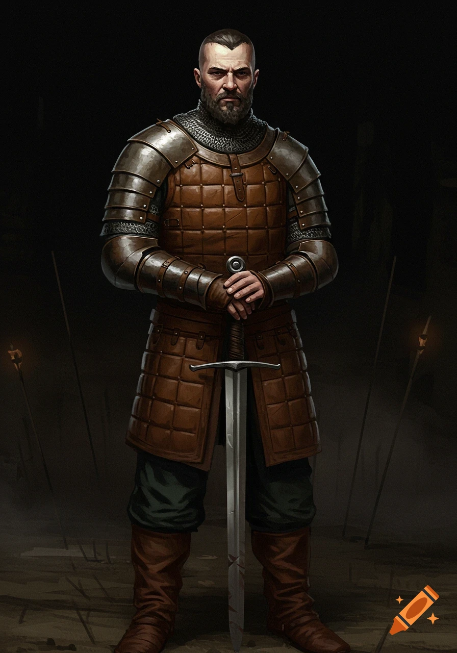 A stoic medieval warrior in leather and chainmail armor stands, gripping a large sword vertically, against a dark, shadowy background.