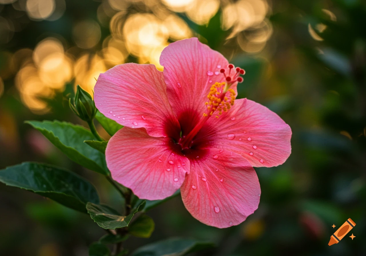 A vibrant pink hibiscus flower with visible water droplets on its petals, surrounded by lush green leaves and a blurred golden background.