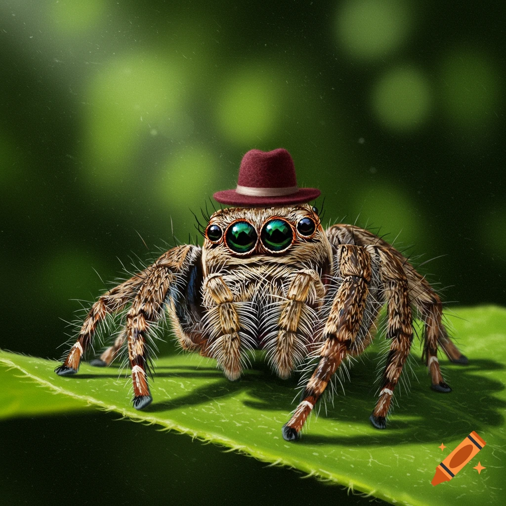 A highly detailed, realistic painting of a fuzzy jumping spider wearing a small maroon fedora, perched on a vibrant green leaf.