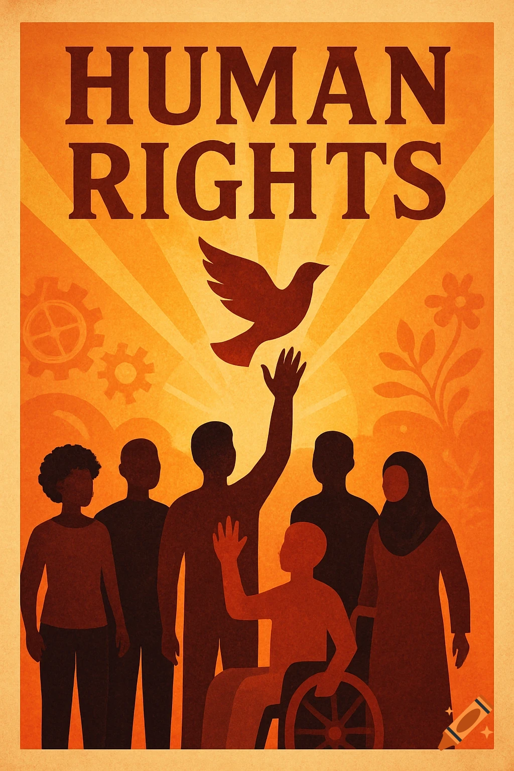 Vintage-style human rights poster with diverse silhouettes, a dove, and sun rays, featuring "HUMAN RIGHTS" text.