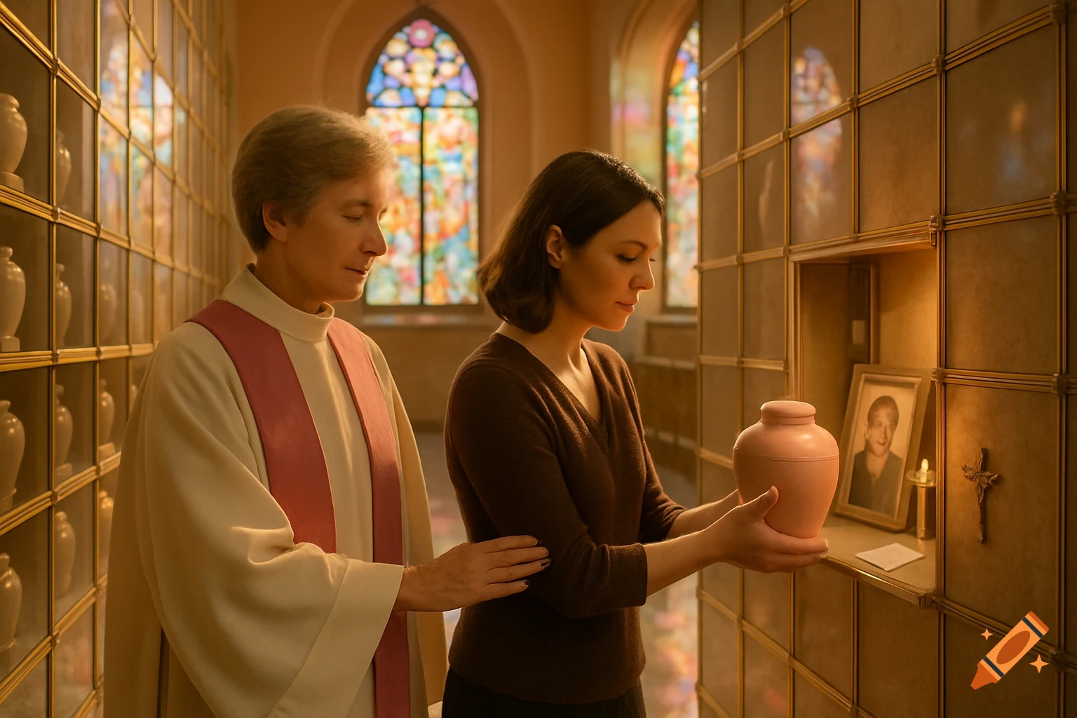 A pastor in a stole comforts a woman placing a pink urn in a niche in a softly lit church columbarium with stained glass.